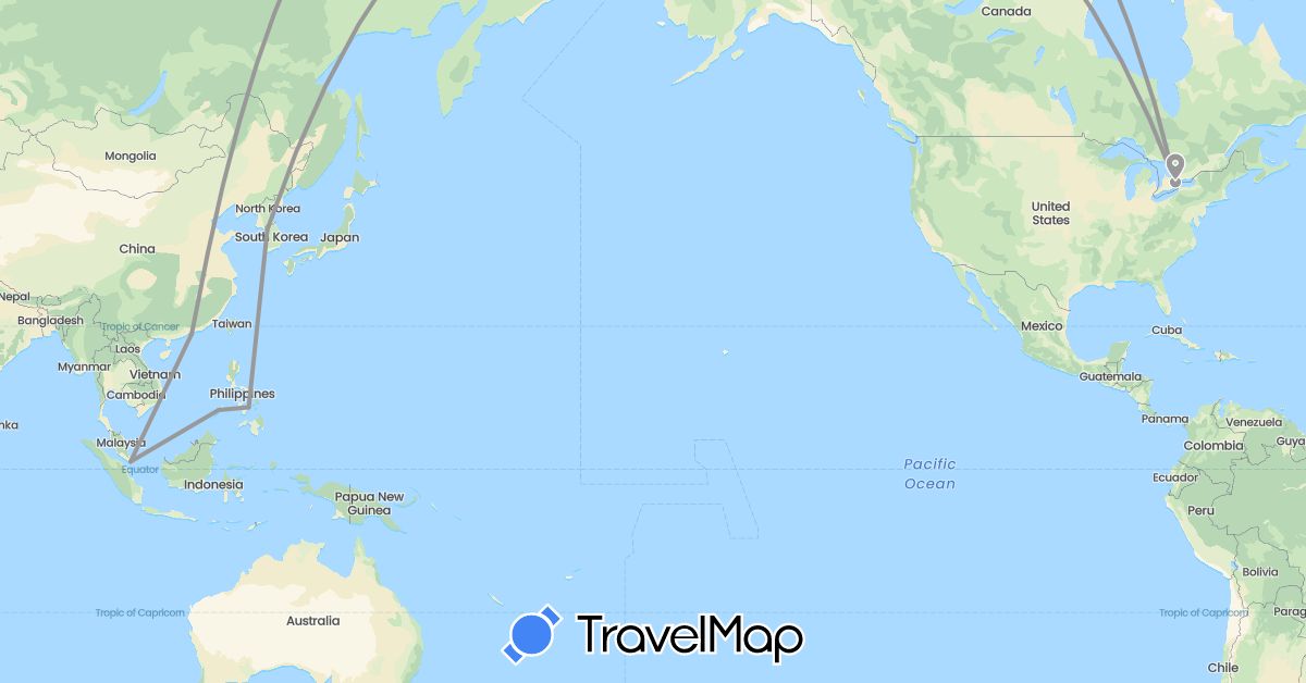 TravelMap itinerary: driving, plane in Canada, China, South Korea, Philippines, Singapore (Asia, North America)